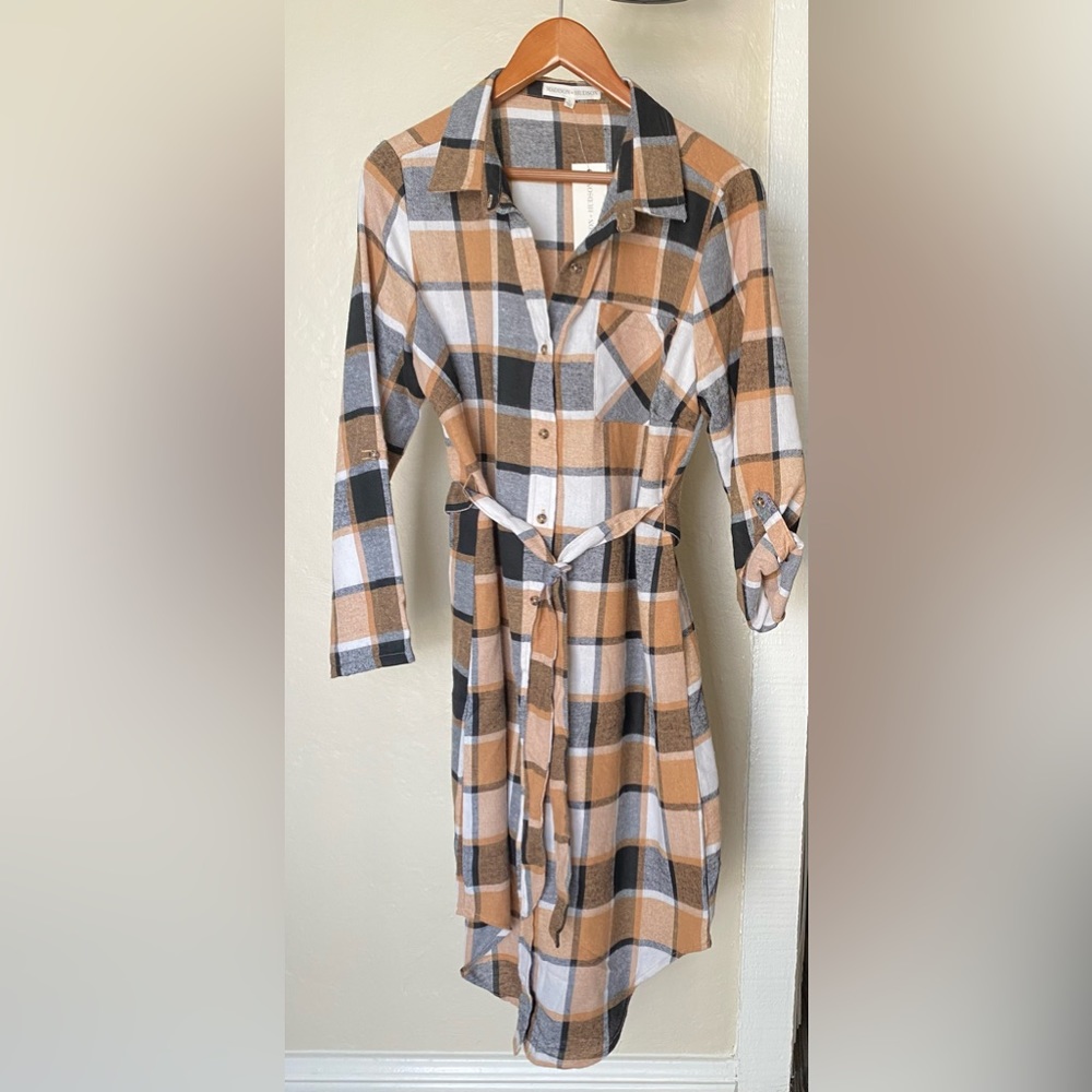 Cream Brown and Black Flannel Plaid Button Down Dress